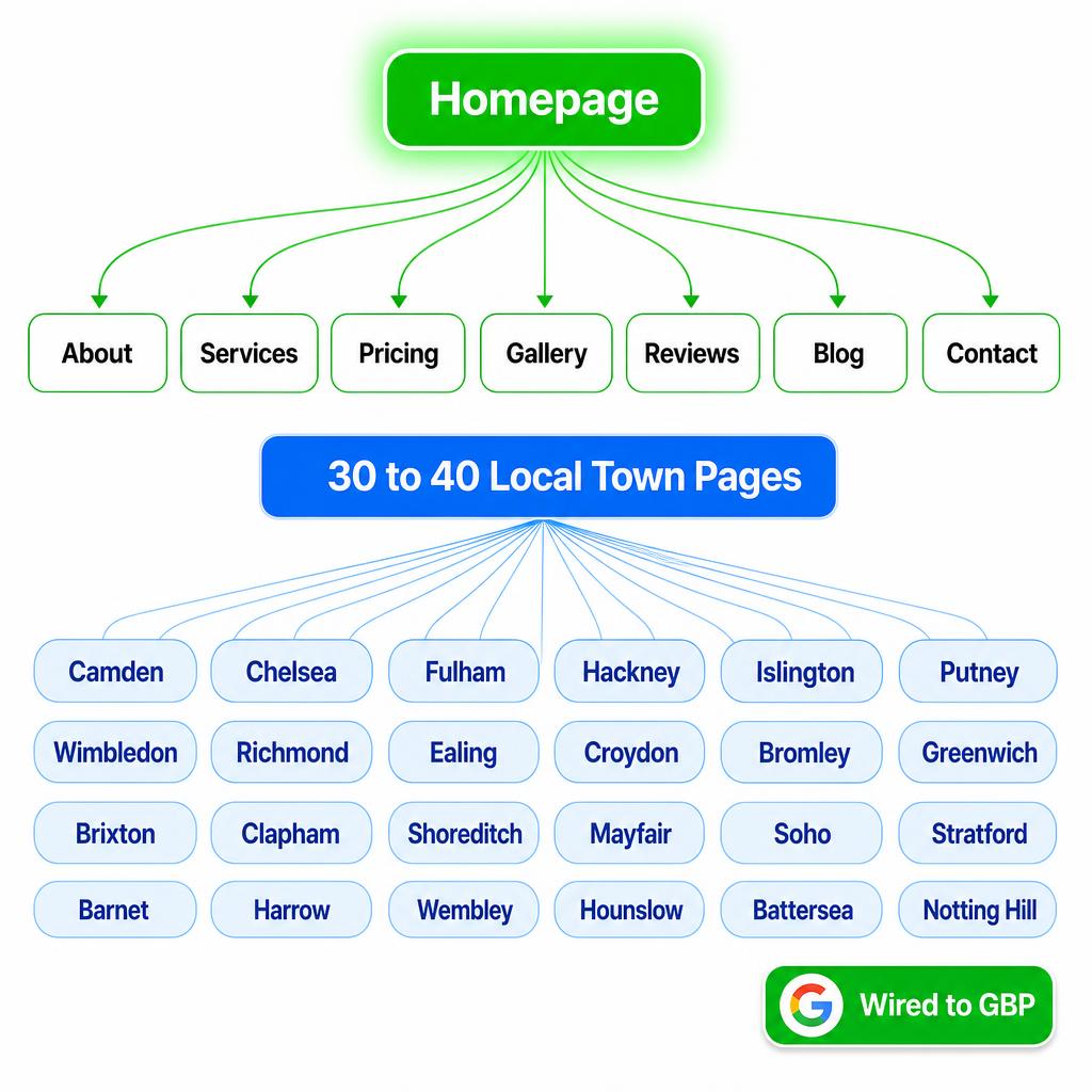 Diagram of our website structure with a homepage connected to seven core pages branching into 30 to 40 local London town service pages all wired to Google Business Profile