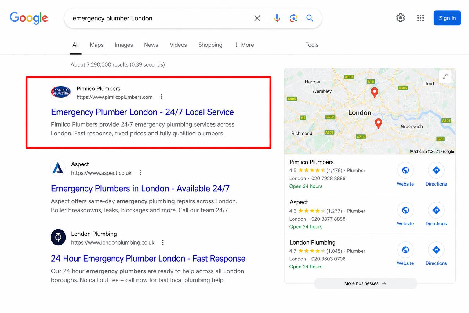 Google search results showing a Website Design In London client ranking number one for emergency plumber London, highlighted with a red box